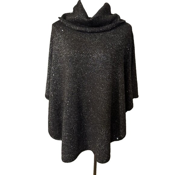 Chicos Turtleneck Sweater L XL Large Black Silver Shimmer Cape Sleeve Poncho NEW - Picture 1 of 10